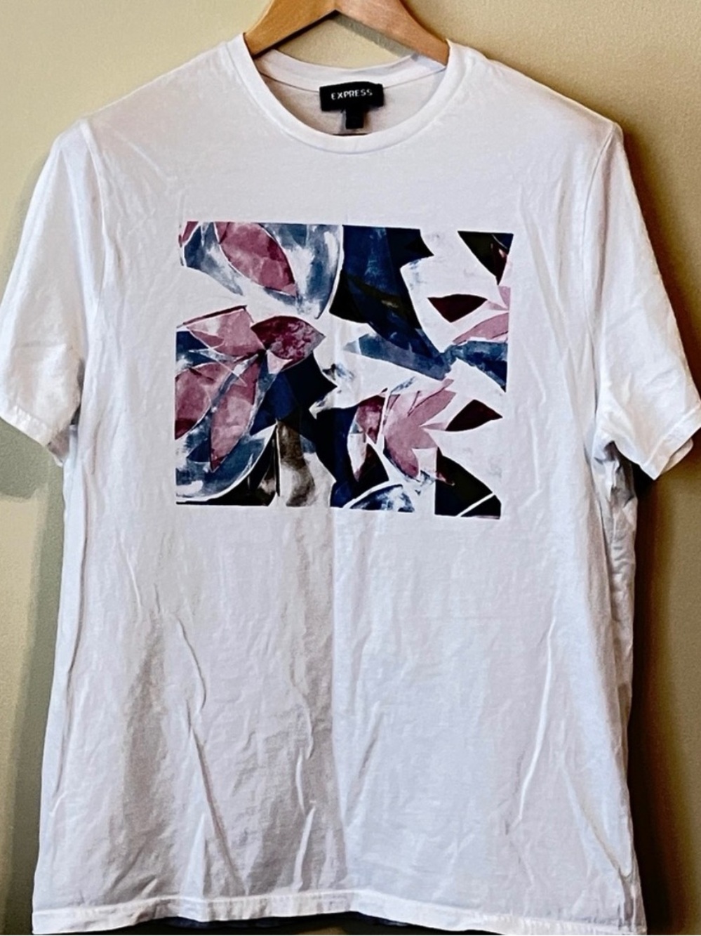 Express White Short-Sleeve Tee with Pink & Blue Abstract Box Print